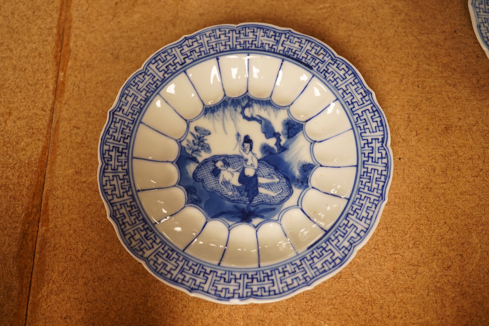 Two Chinese blue and white tea bowls and saucers, saucer 10cm diameter.